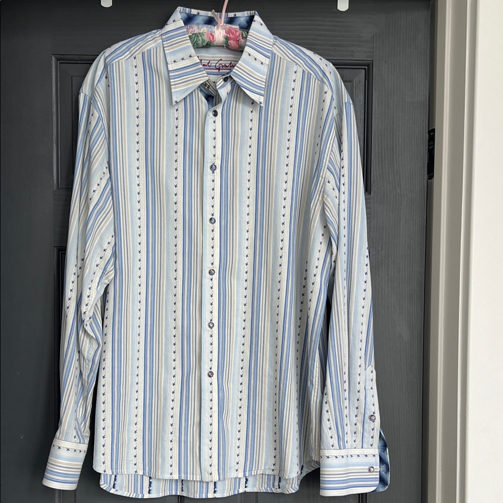 Robert Graham White and Blue Striped Casual Shirt, XL